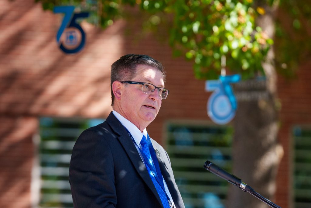 HISTORY MADE — Labs Director James Peery addresses a crowd during the 75th anniversary time capsule event. (Photo by Craig Fritz)