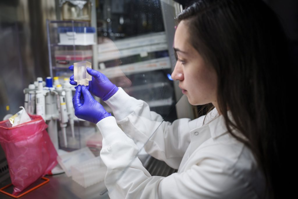 COLLABORATING FOR INNOVATION — Sandia’s Brittany Humphrey holds a microneedle. As part of a Cooperative Research and Development Agreement, Sandia has made changes to the shape of microneedles to speed up extraction of interstitial fluid. (Photo by Craig Fritz)