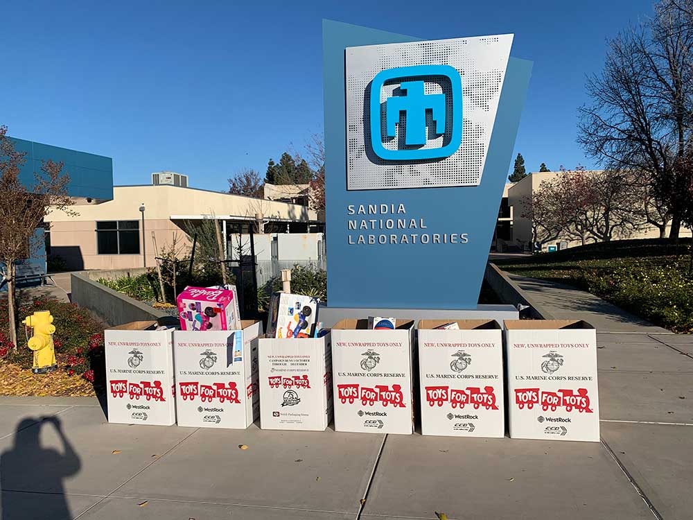 WISHLISTS FULFILLED — Toy donations are collected from drop boxes across Sandia California and New Mexico sites on Dec. 9, for the annual Marine Corps Reserve Toys for Tots campaign. This year, 261 toys were collected. Sandia has participated in this initiative since 2009, providing toys to local families in need. (Photo by Jamie Duranleau)